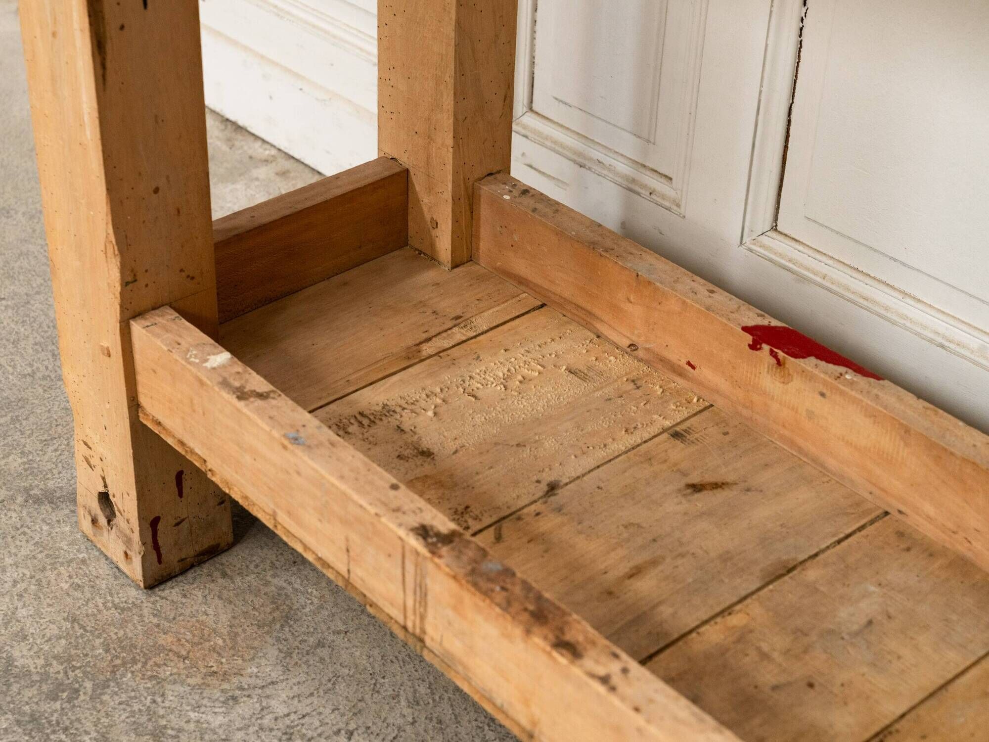 Old small workbench with drawer, beautiful original patina, 1920.
