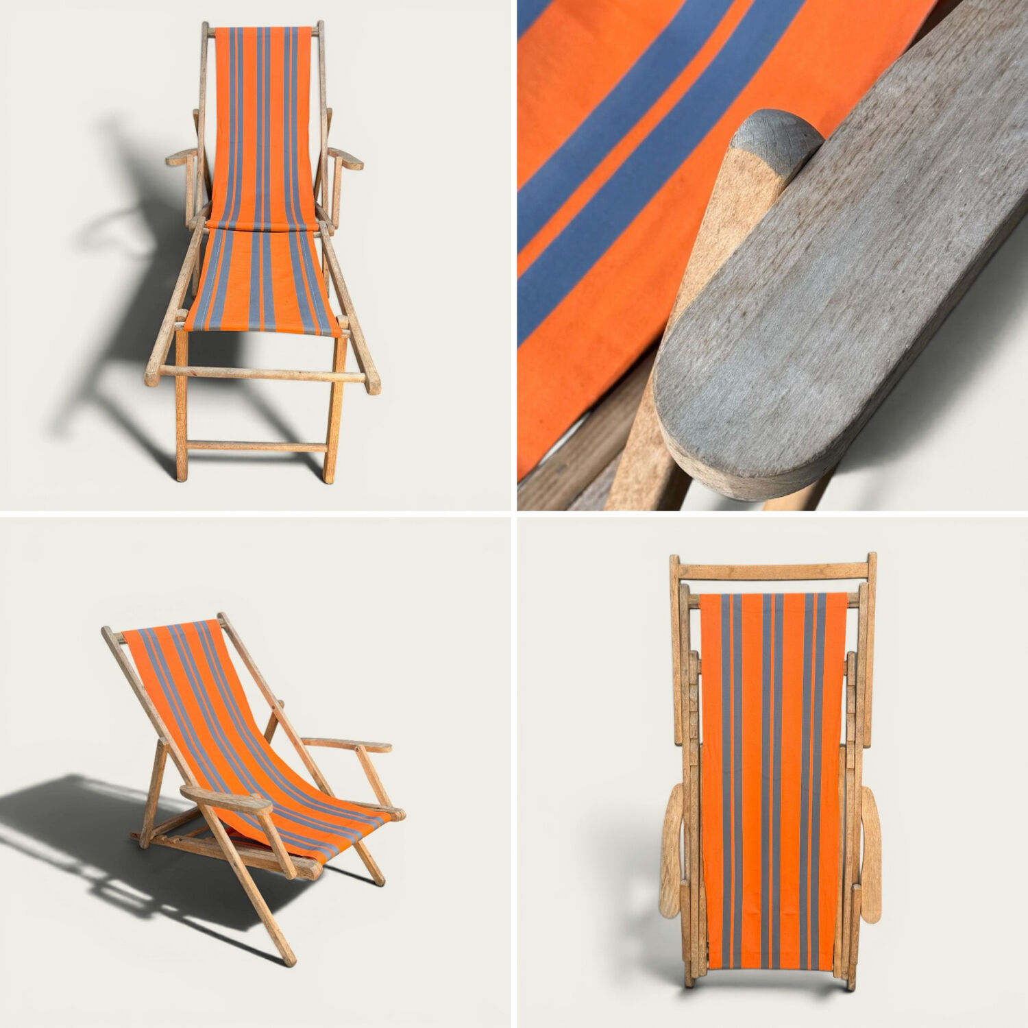 Vintage deck chair with orange and grey striped fabric, original patina.