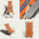 Vintage deck chair with orange and grey striped fabric, original patina.