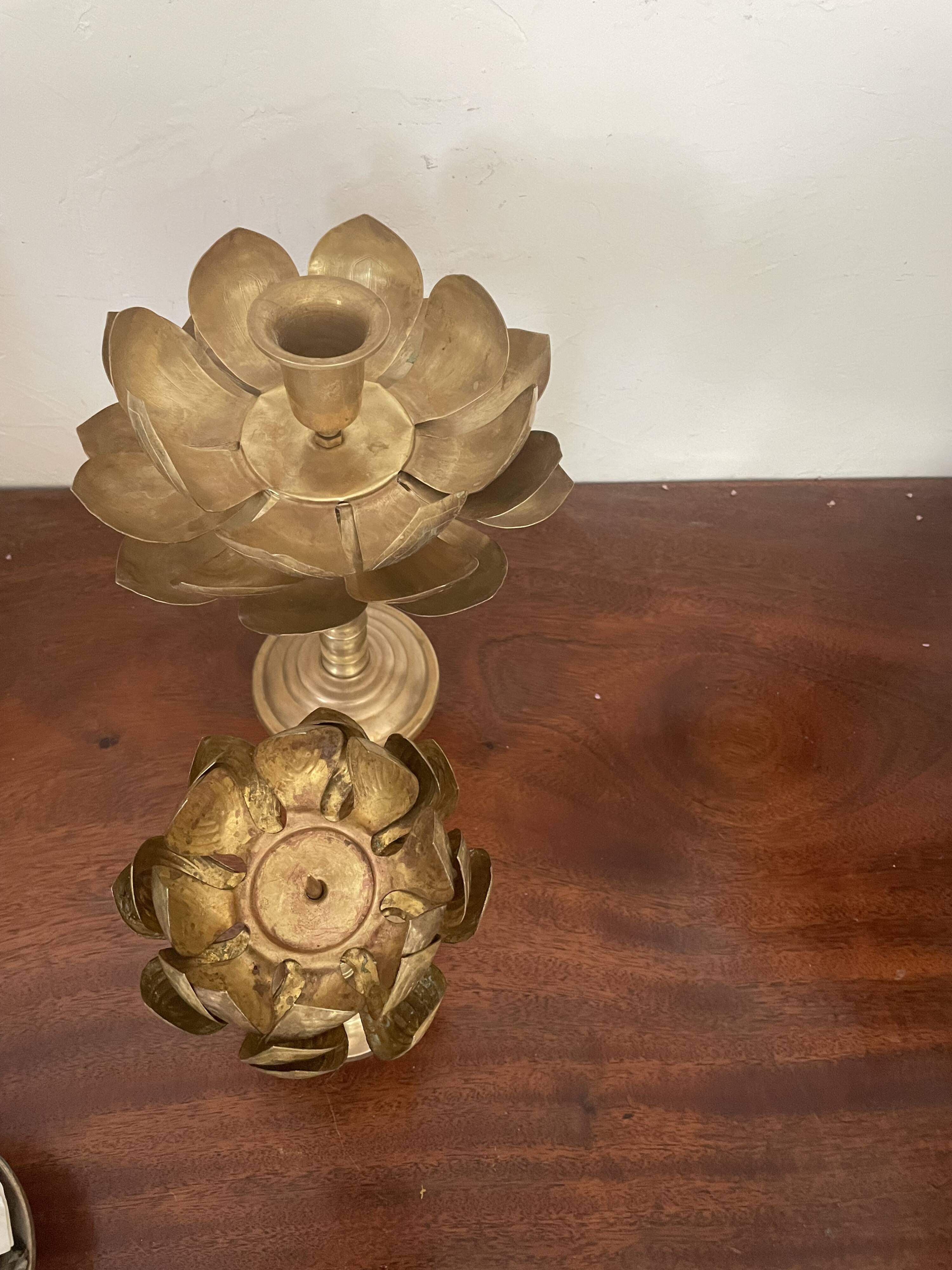 Set of two old brass lotus flower candlesticks
