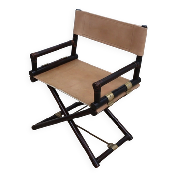 Chaise de directeur en cuir et bambou McGuire vintage des années 1950