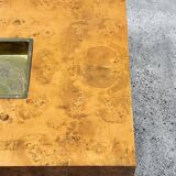 Table basse en bois de loupe avec bar en laiton par Jean Charles pour Maison Charles, 1970