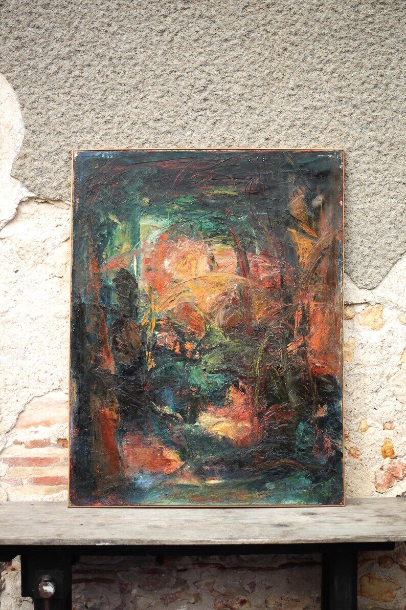 Oil on canvas signed Monique Humbert, large abstract composition, wall painting, interior decoration.