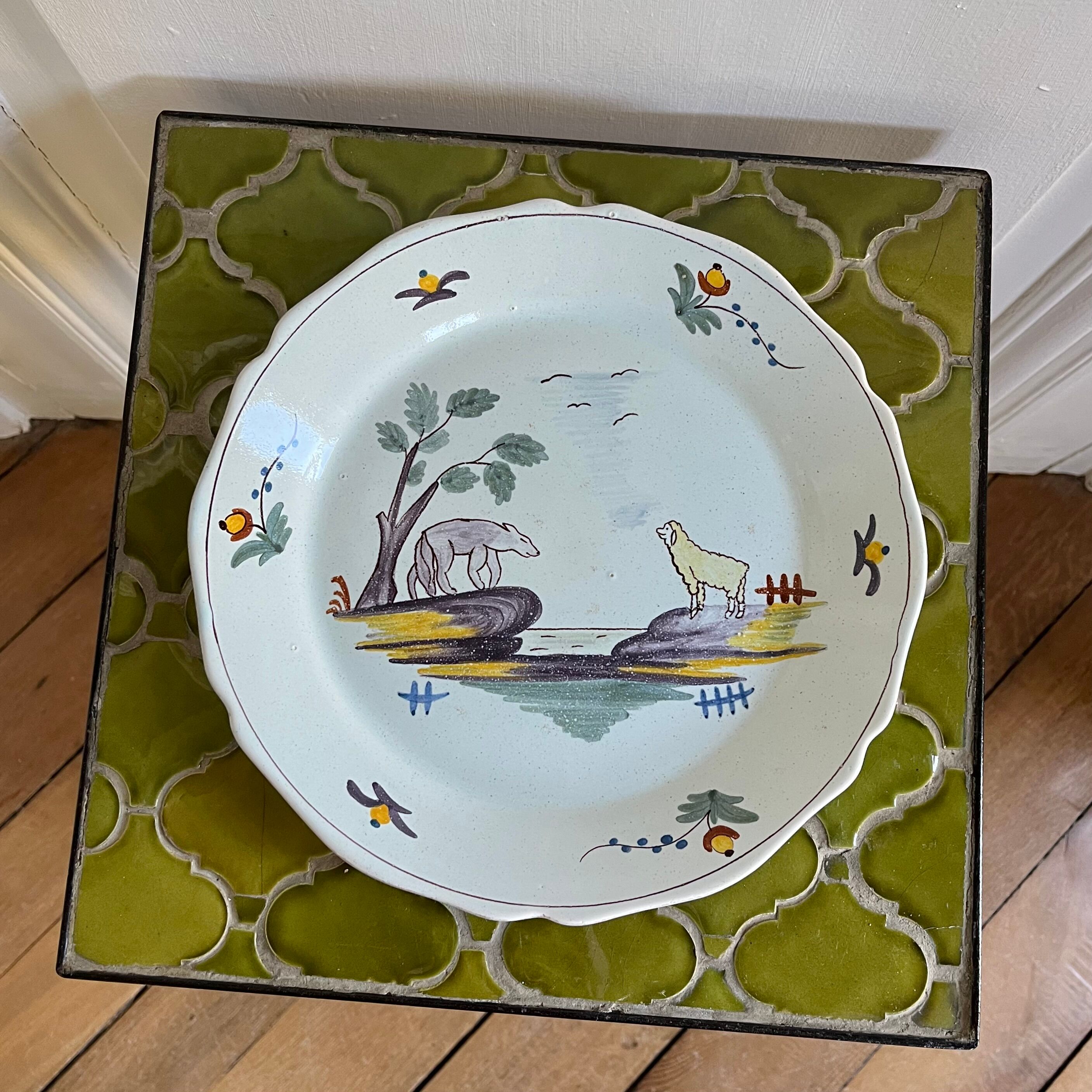 Decorative ceramic plate with "The Wolf and the Lamb" design
