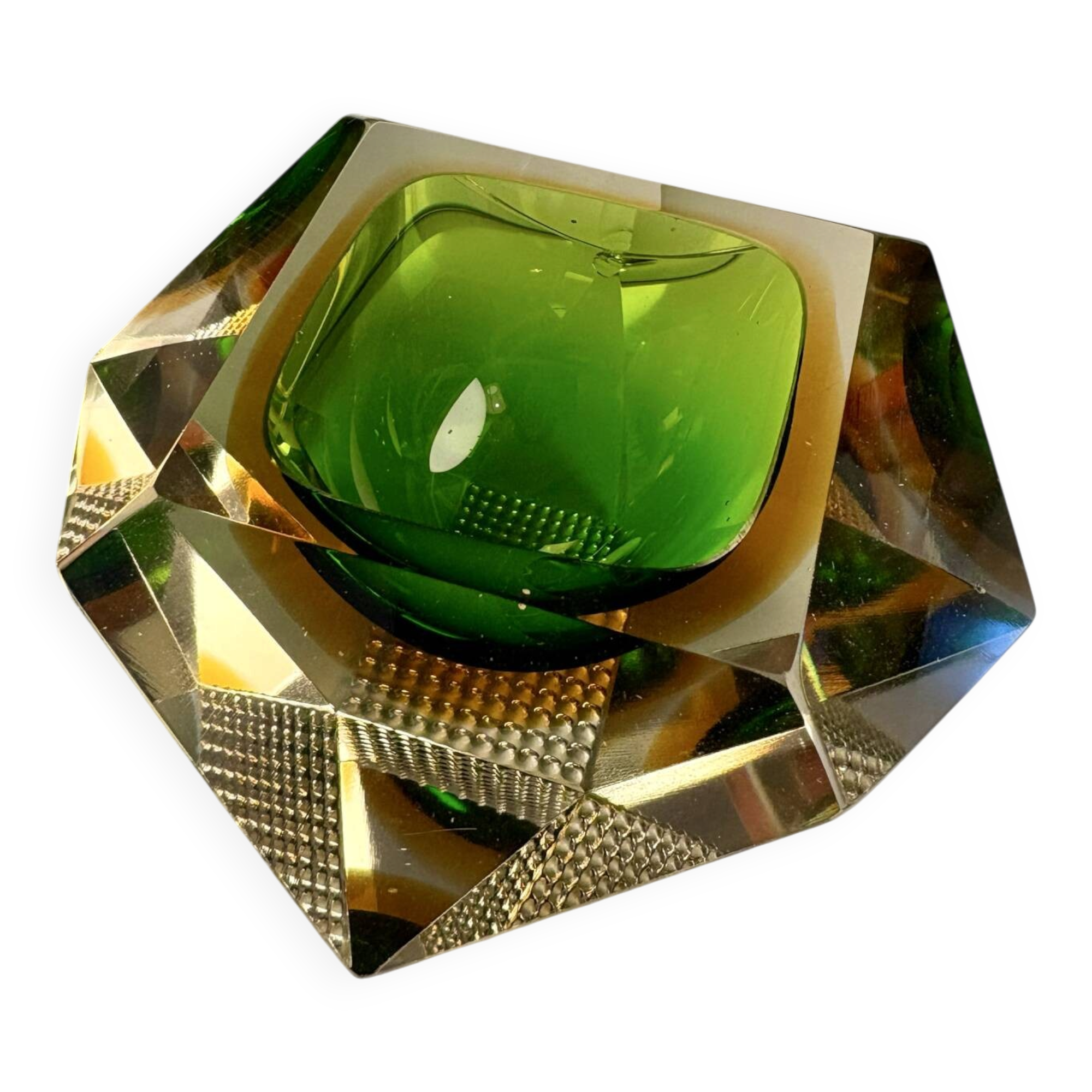 Murano ashtray in submerged green and amber from 1960