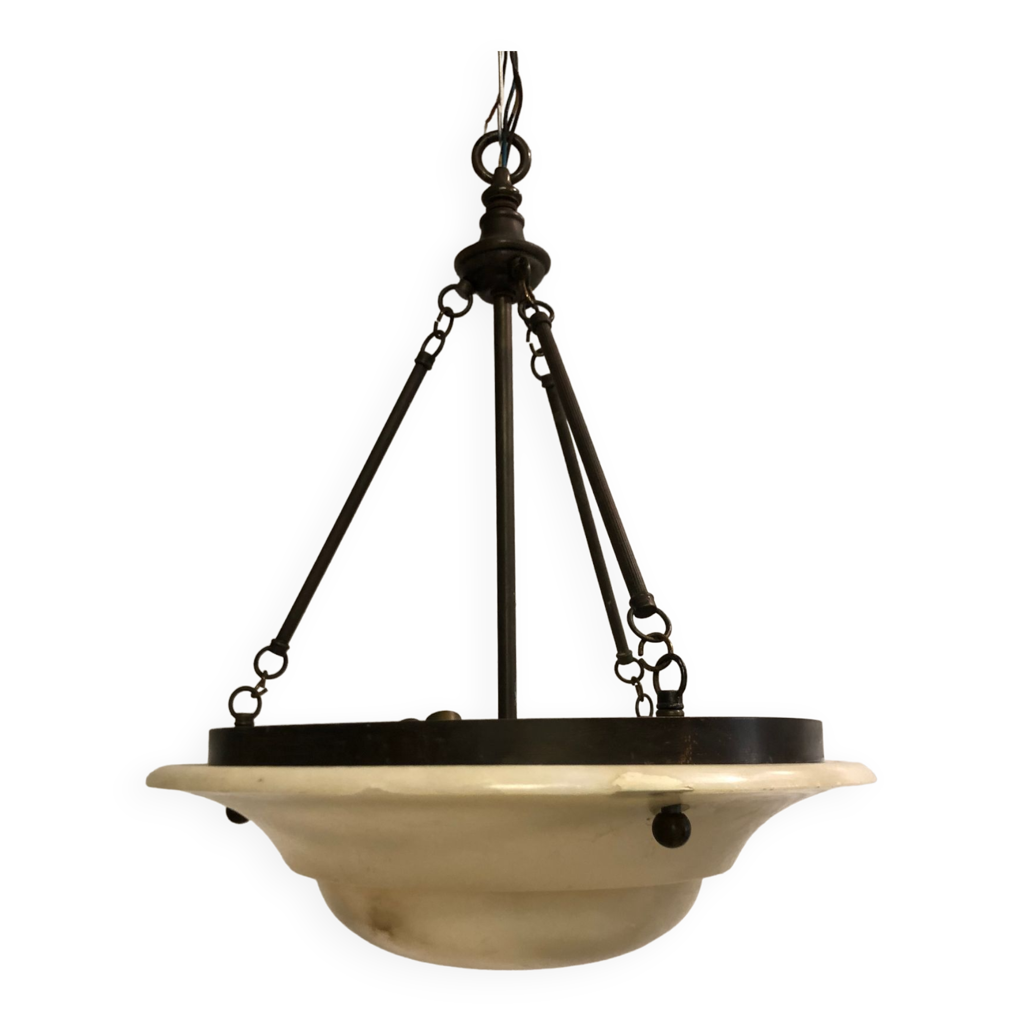 Chandelier in white alabaster and antique brass.