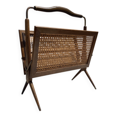 Porte-revues en bois et cannage pieds compas,Cesare Lacca, à  années 60