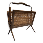 Wooden magazine rack with caning and compass legs, Cesare Lacca, from the 1960s.