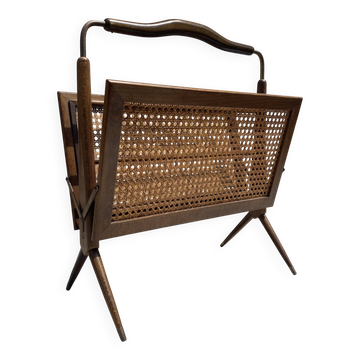 Porte-revues en bois et cannage pieds compas,Cesare Lacca, à  années 60