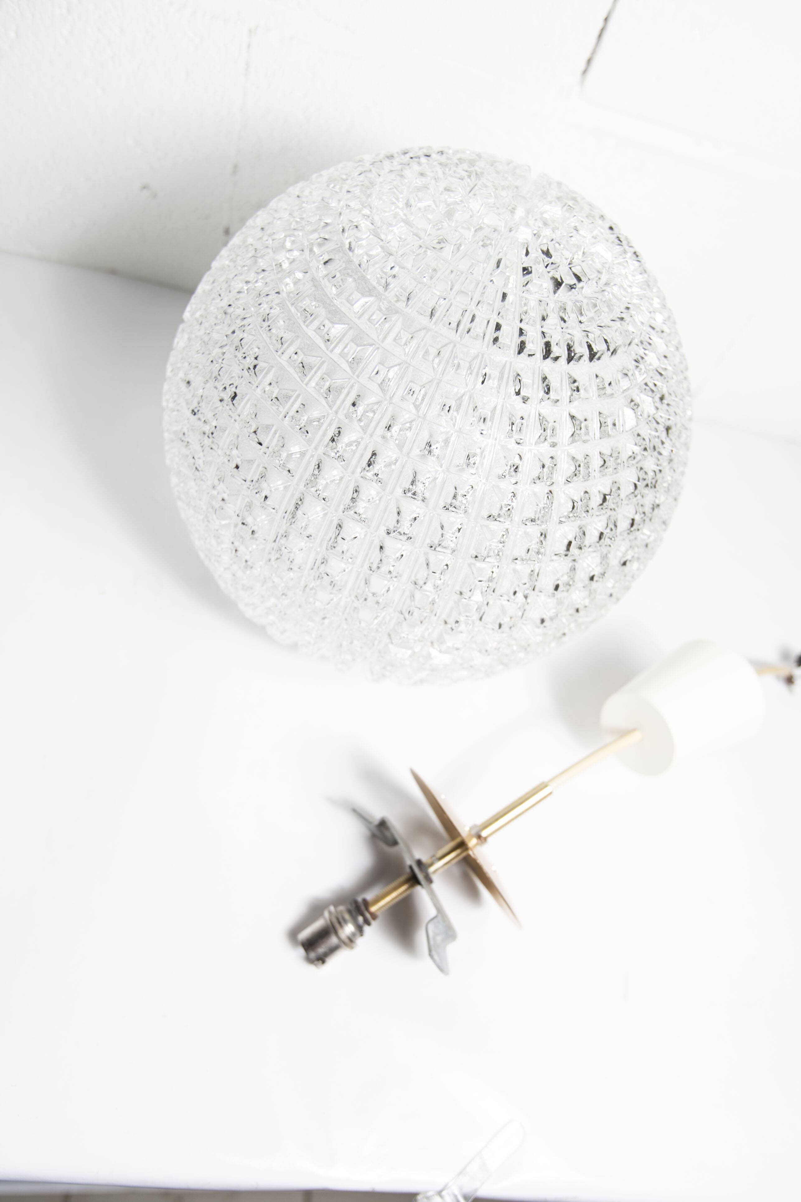 1960s Holophane Ball Pendant Chandelier, Thick Glass, 30 cm, and Vintage Brass