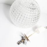 1960s Holophane Ball Pendant Chandelier, Thick Glass, 30 cm, and Vintage Brass