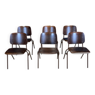 Ensemble de 6 chaises école en bois foncé Marko Kwartet Pays Bas années 70