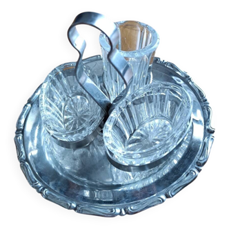Glass salt and pepper shakers, stainless steel tray