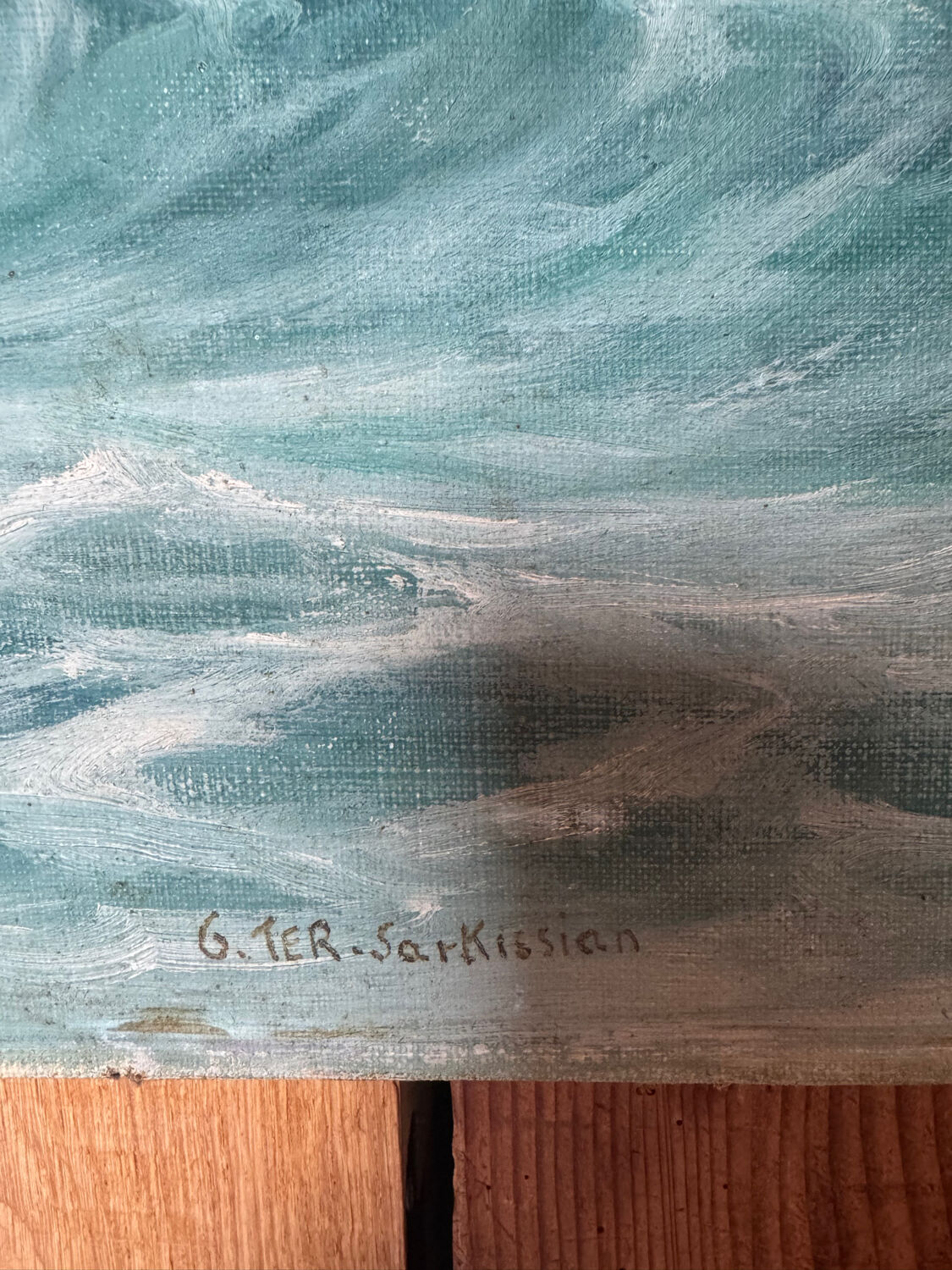 Ancient table, marine landscape, signed 20th century.