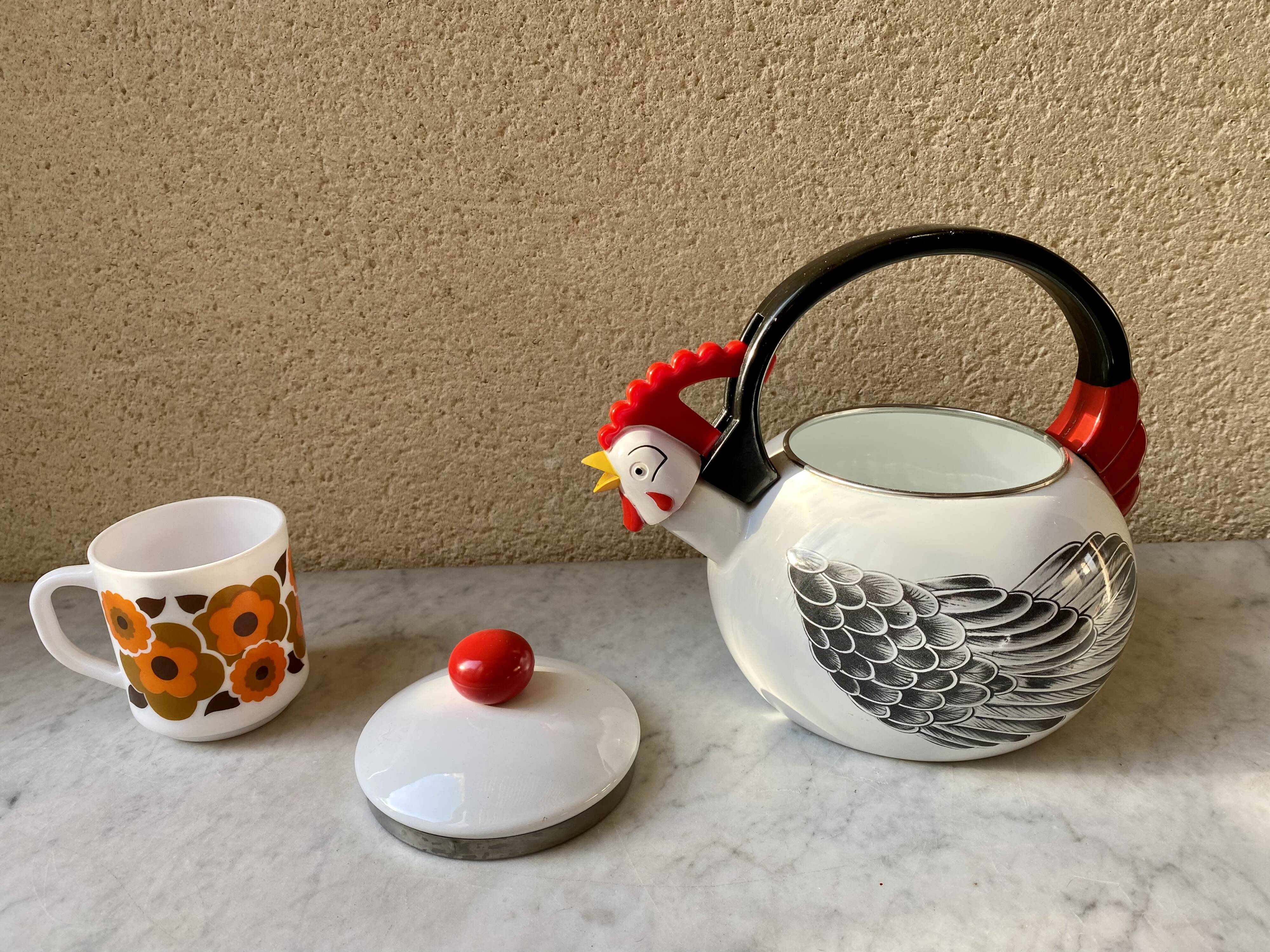 Kettle sheet metal enamel vintage 80s kamenstein decorations rooster