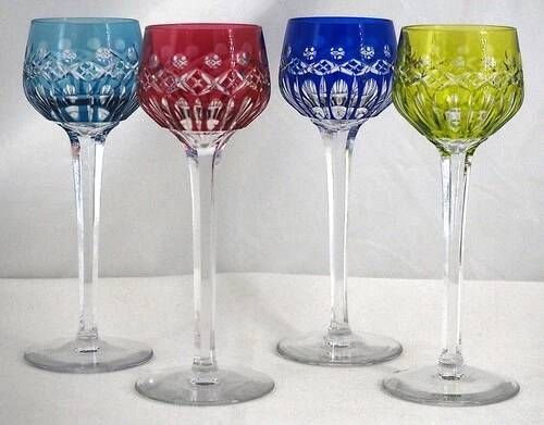 Saint Louis Traminer 4 glasses Rhin Roemer crystal, signed colour, excellent condition.