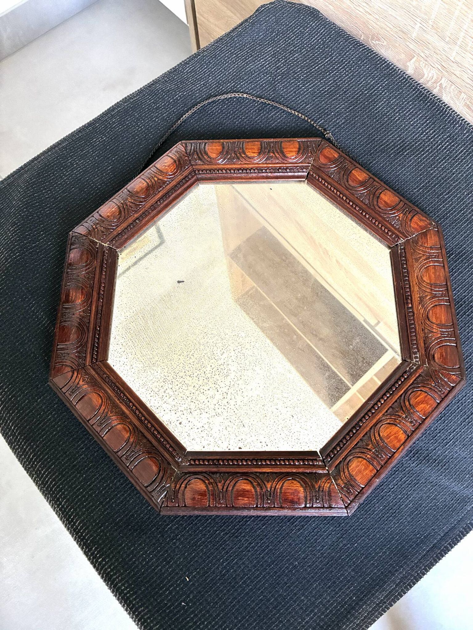 Octagonal mirror, glossy varnished oak, Art Deco.