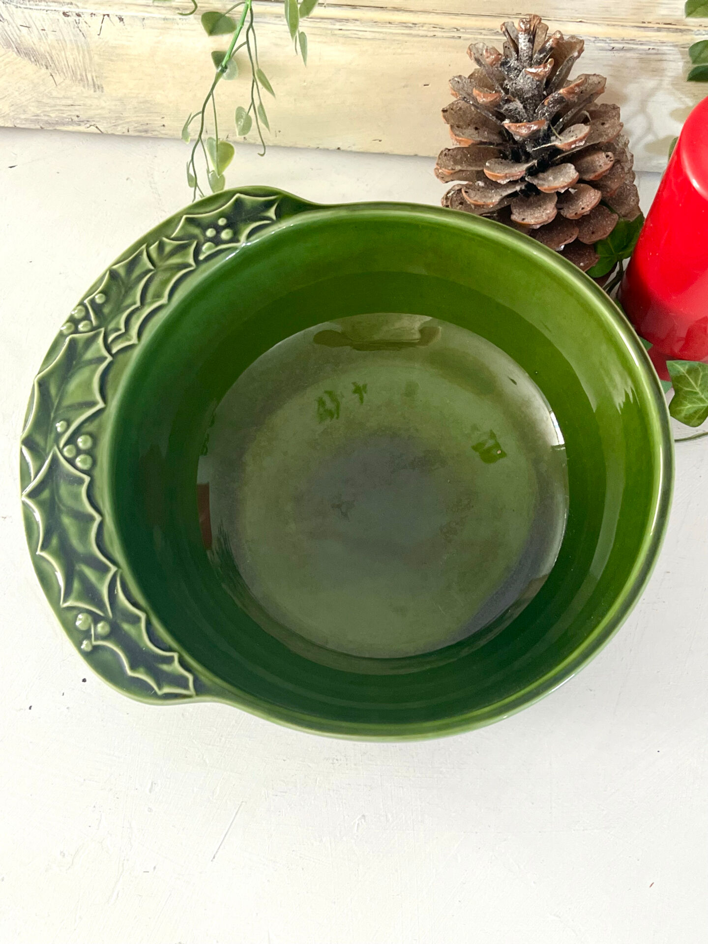 Christmas serving bowl, French BCI holly ceramic bowl, green glazed