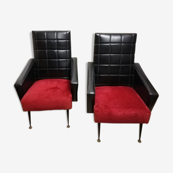 Lot de 2 fauteuils noirs rouges vintage retro années 50 60