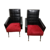 Lot de 2 fauteuils noirs rouges vintage retro années 50 60