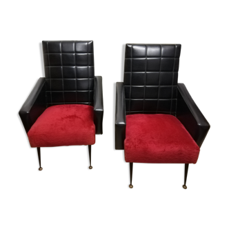 Lot de 2 fauteuils noirs rouges vintage retro années 50 60