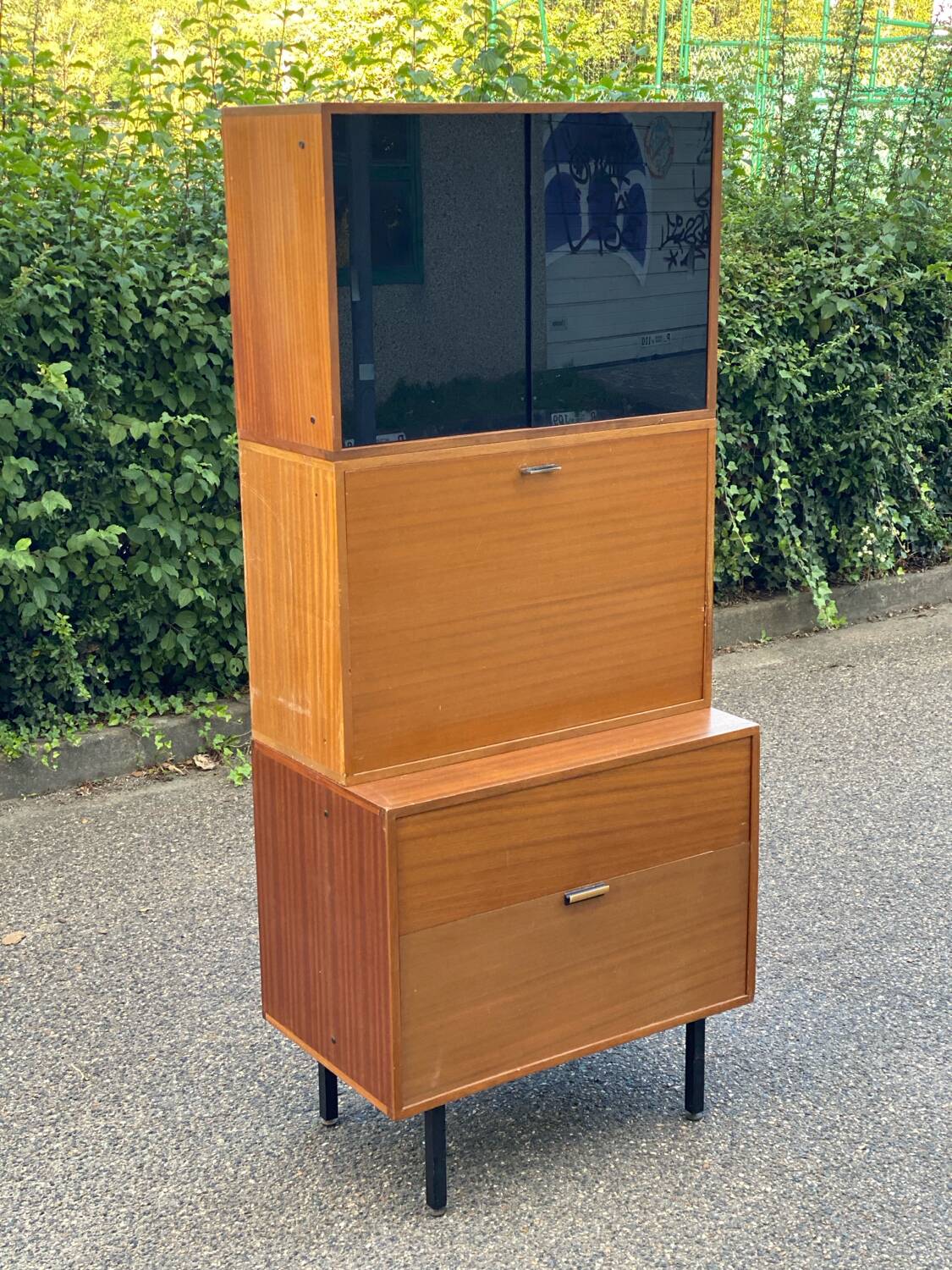 Vintage 1950s smoked glass secretary cabinet