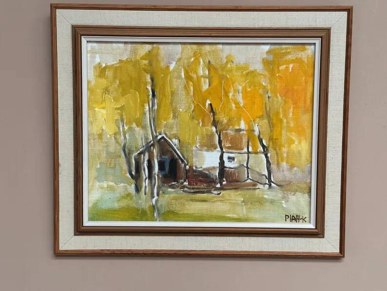 Original Swedish Oil on Canvas – "Houses and Trees in Autumn" by Pia H. Campbell