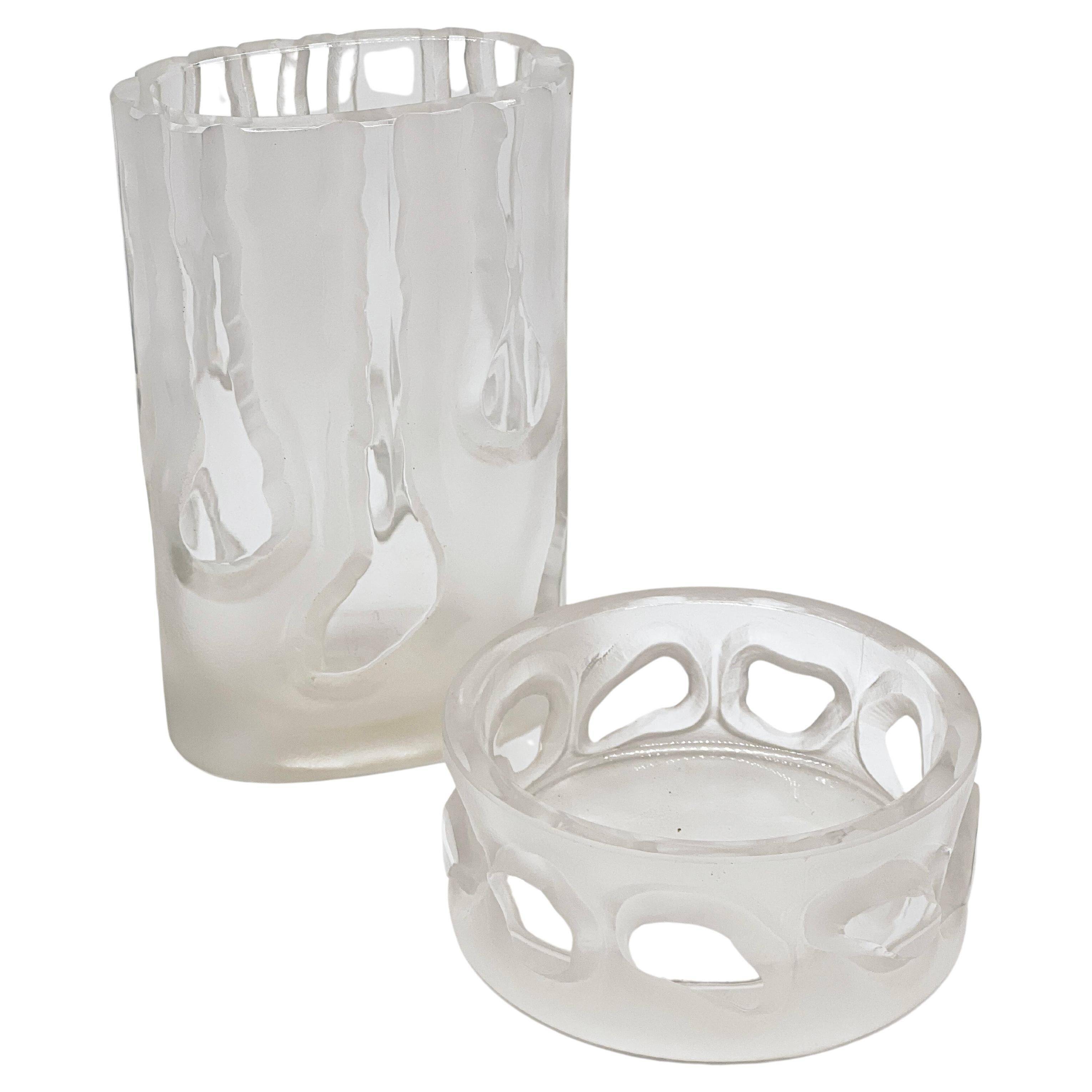 Set of Two Vintage Matching Glass, Tall Vase and Low Bowl, Engraved Decorations