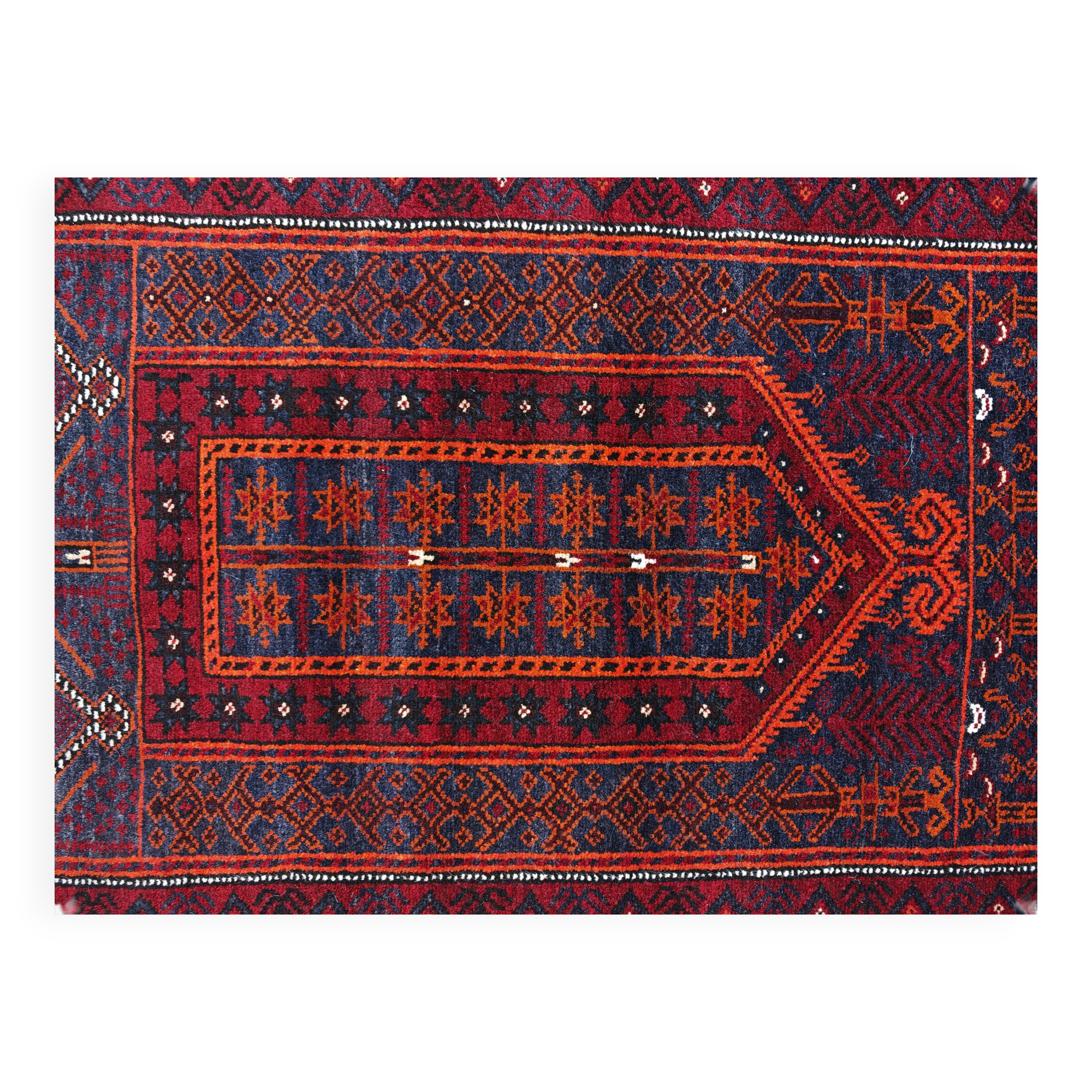Vintage hand-knotted Persian Baluch prayer rug from the 1940s.