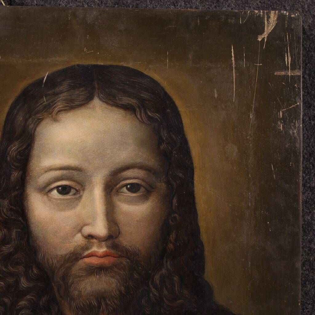 Antique French painting on panel, Christ and the Madonna from 18th century