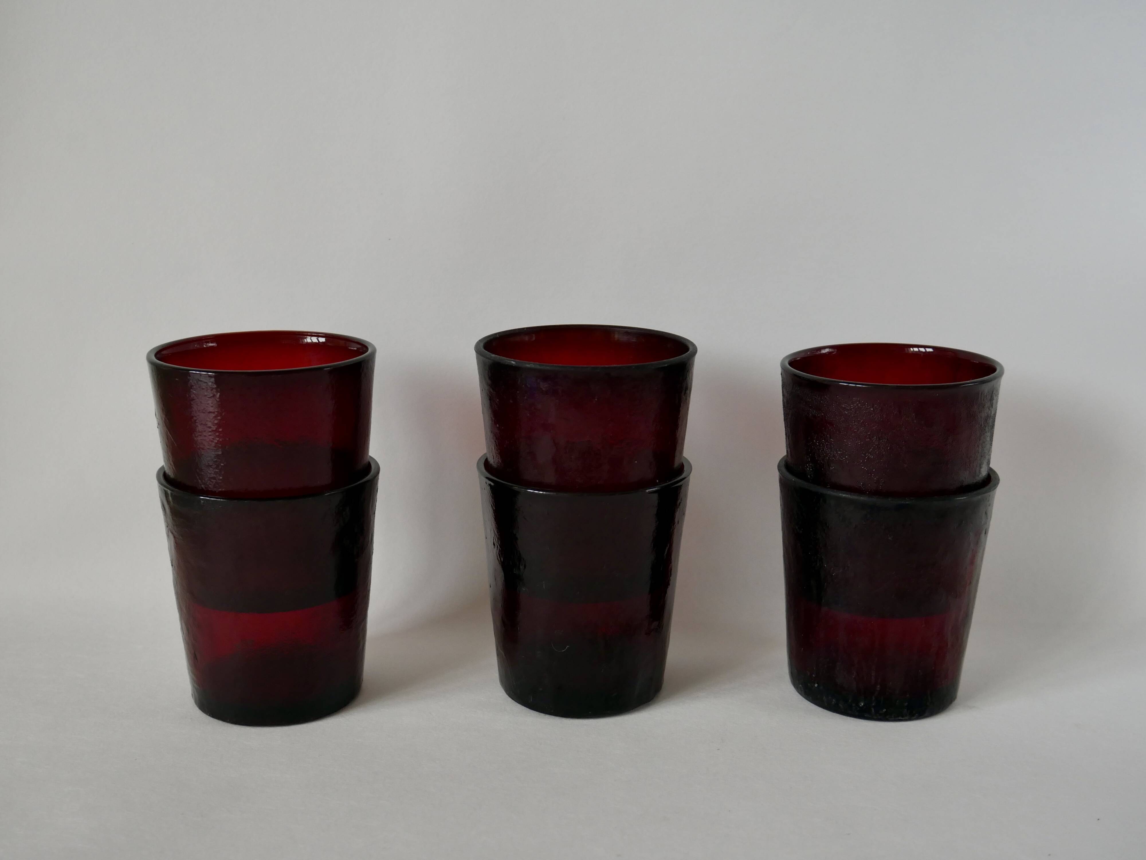 Set of 6 70s burgundy colored glass glasses