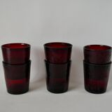 Set of 6 70s burgundy colored glass glasses