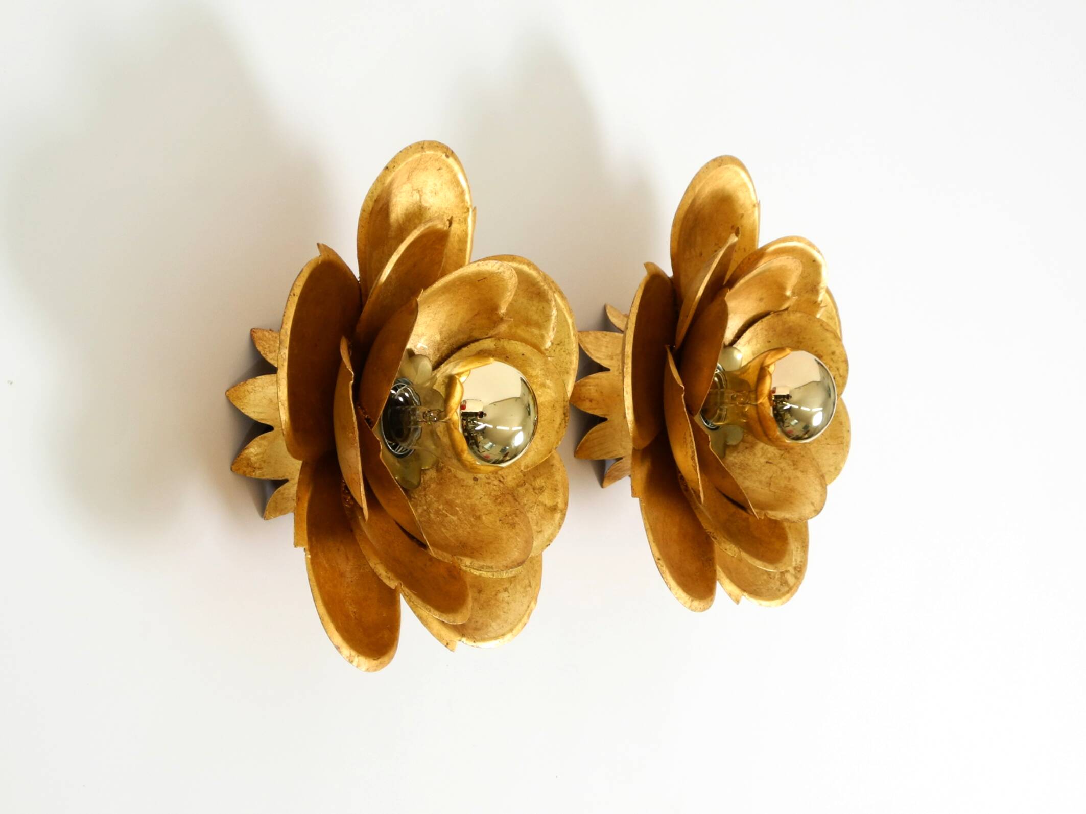 Two beautiful, large, gilt wall lamps, "Water Lily," Italy, 1960s
