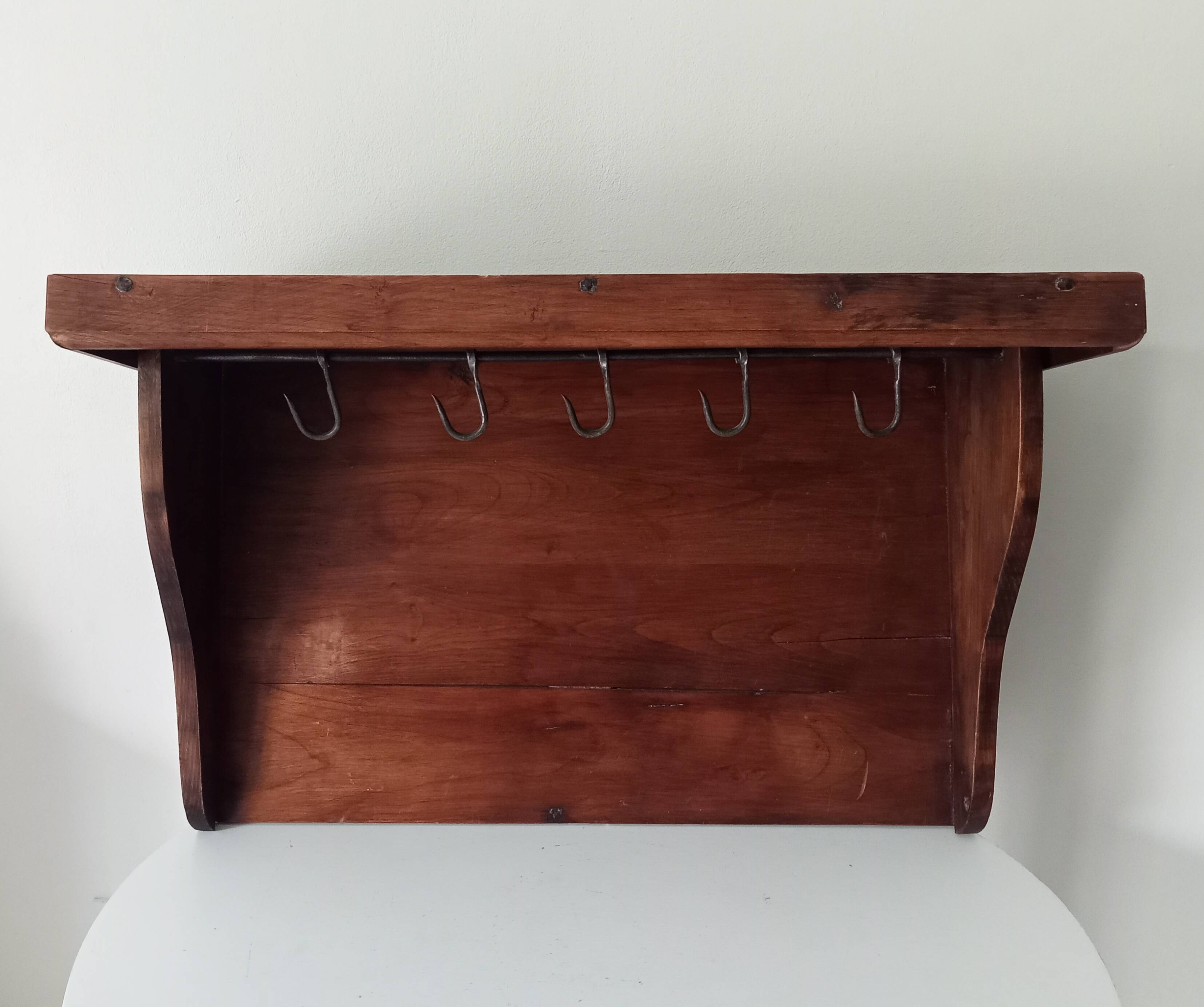 Antique wall shelf in solid chestnut with butcher's hooks