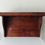 Antique wall shelf in solid chestnut with butcher's hooks