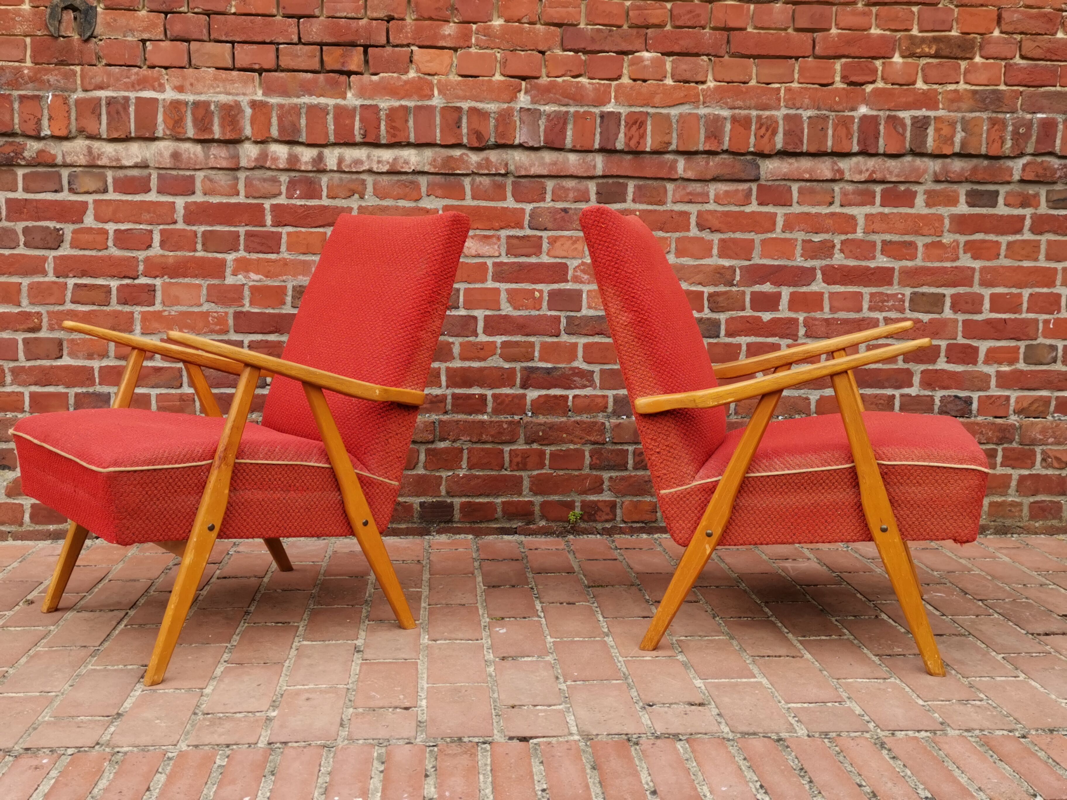 Pair of czechoslovak armchairs red compass feet annee 60