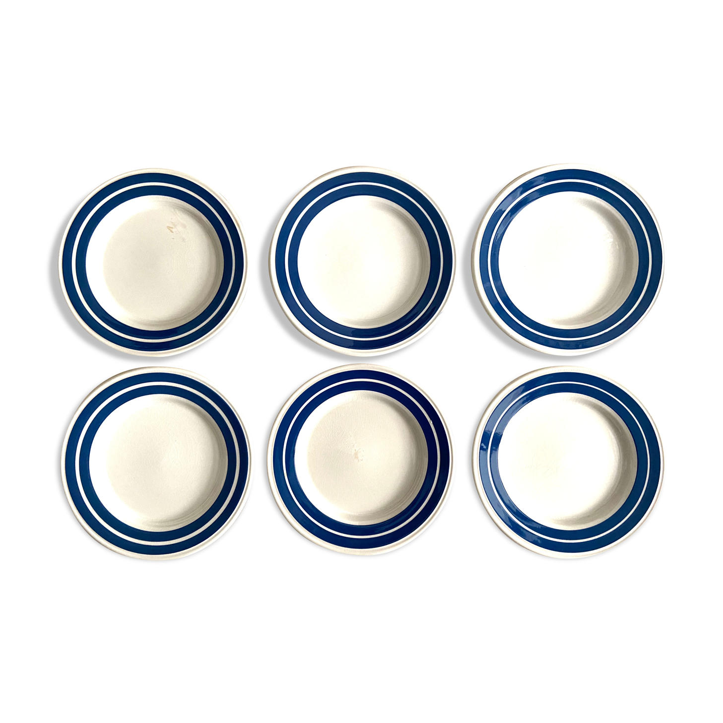 Set of 6 dessert plates in blue striped earthenware