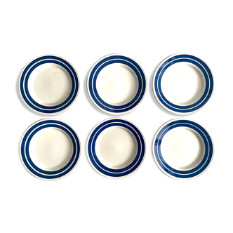 Set of 6 dessert plates in blue striped earthenware