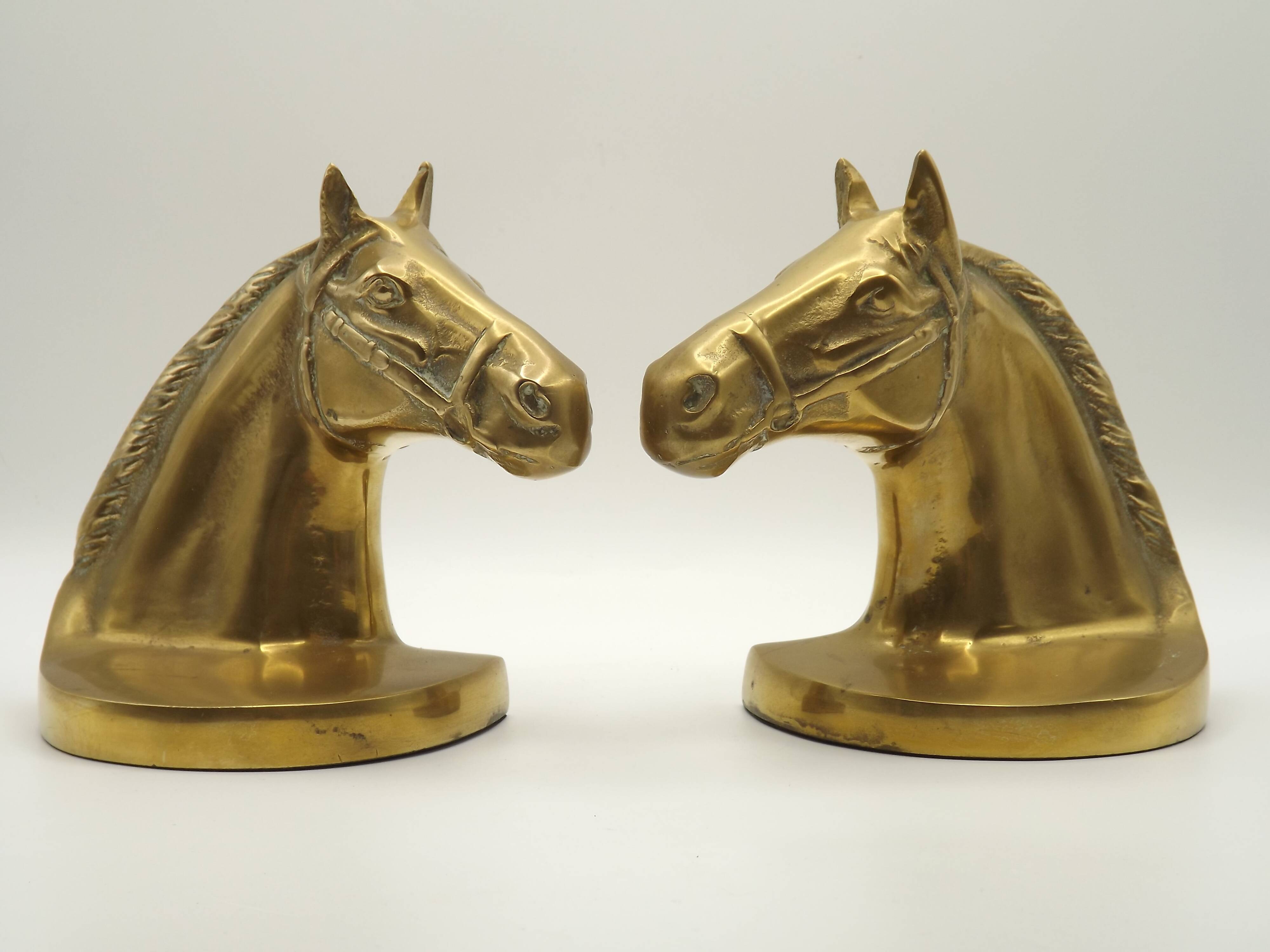 Vintage Brass Horse Head Bookends Pair – French Cast Brass Equestrian Decor