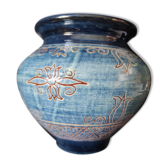 Vase signé qb terre cuite glacure bleue