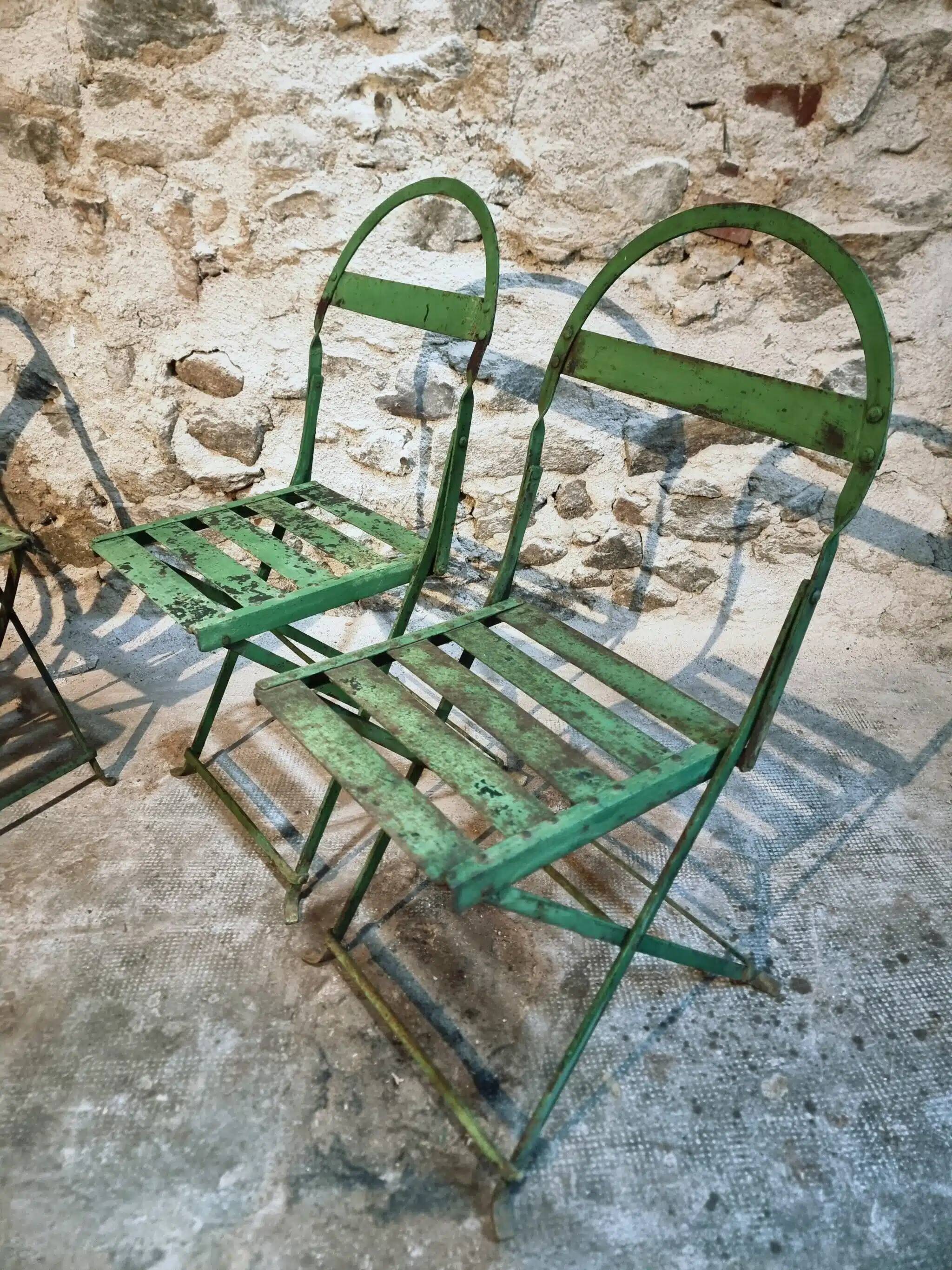 Set of 4 Antique Iron Folding Garden Chairs - 1920s Riveted Bistro Chairs with Aged Green Patina