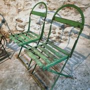 Set of 4 Antique Iron Folding Garden Chairs - 1920s Riveted Bistro Chairs with Aged Green Patina