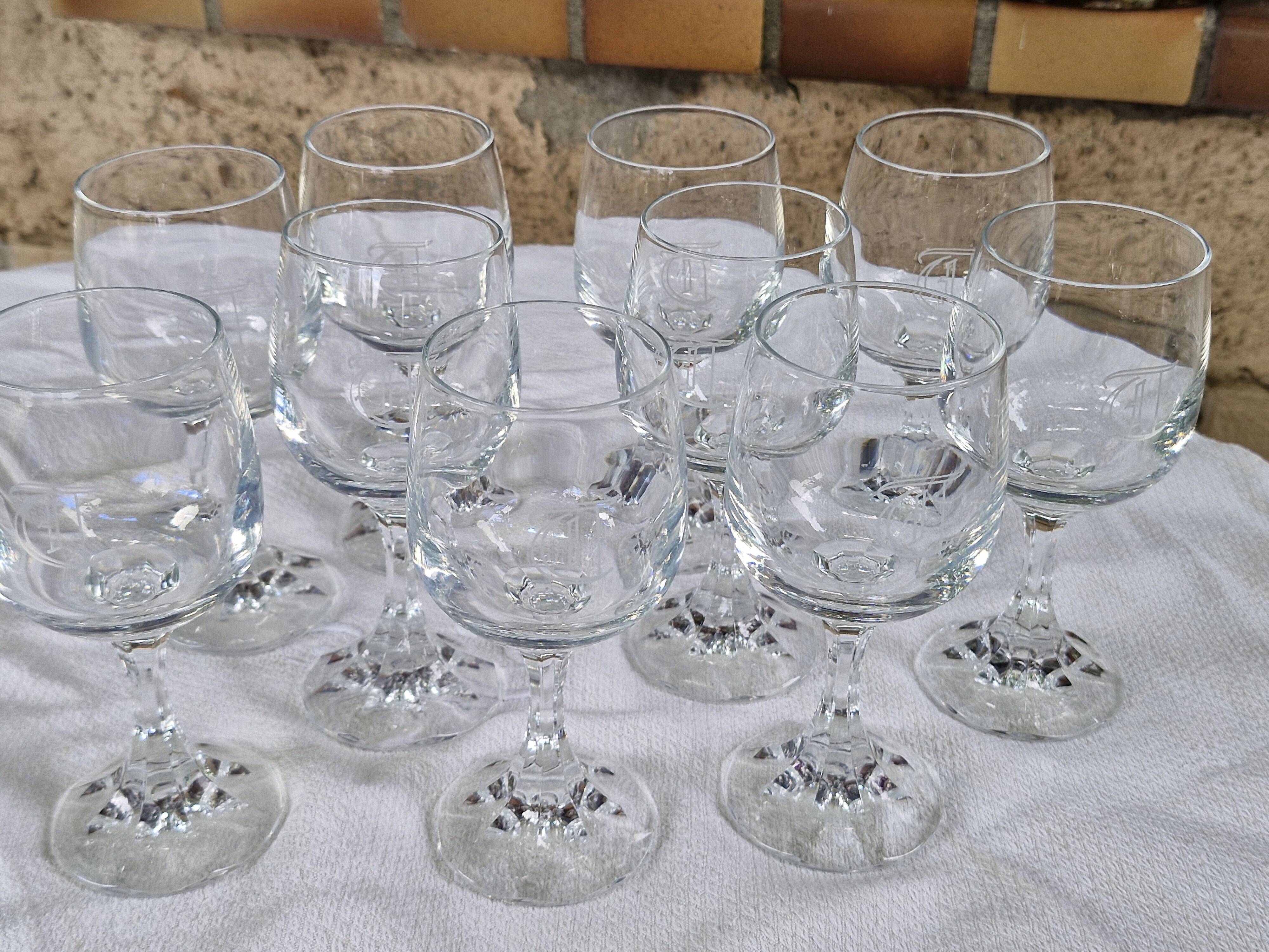 Vintage 10 Large Crystal Glasses - Engraved Logo - Cut Stem - Very Heavy