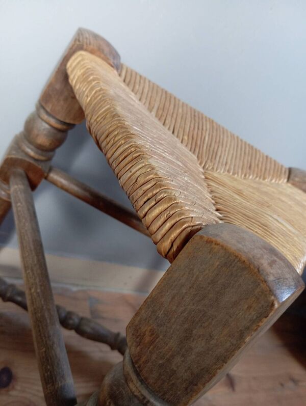 Tabouret tripode bois et paille style neo basque