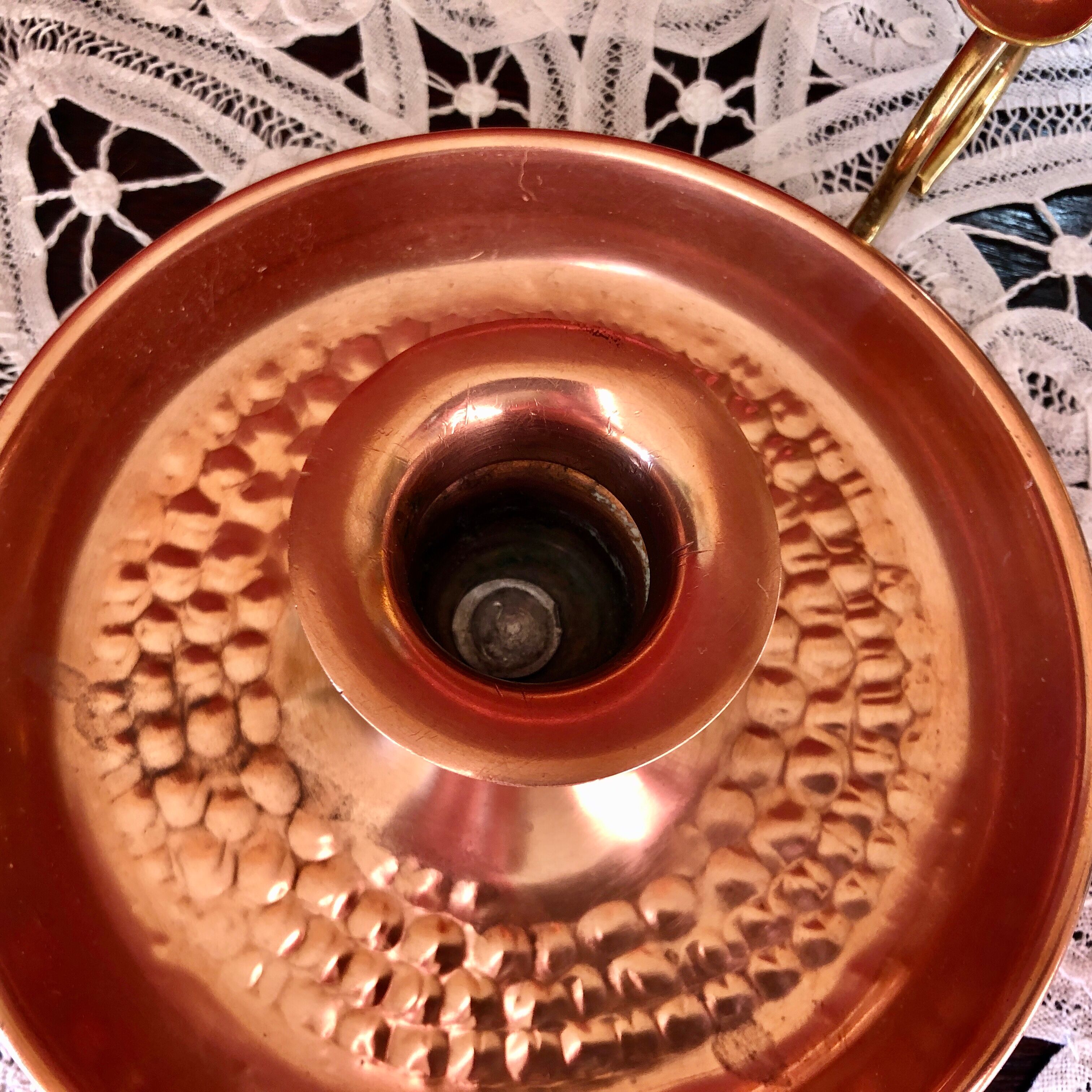 Hammered red copper and brass hand candle holder