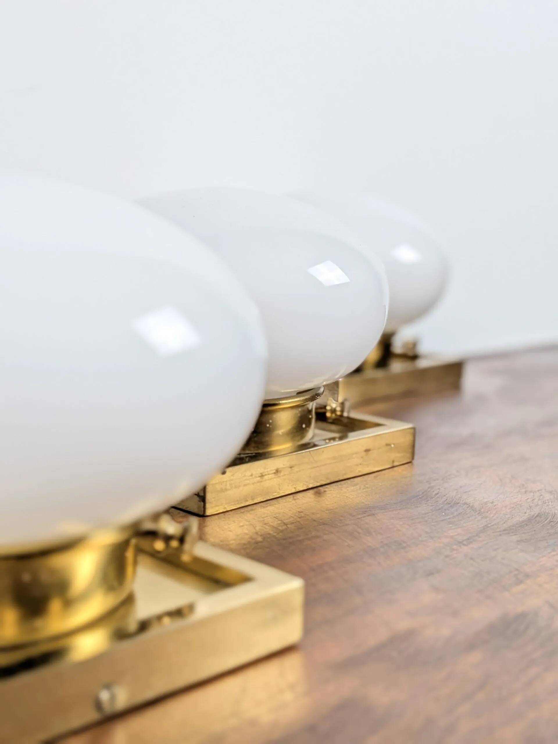 Set of 3 vintage wall lights – brass and opal glass (70s design)