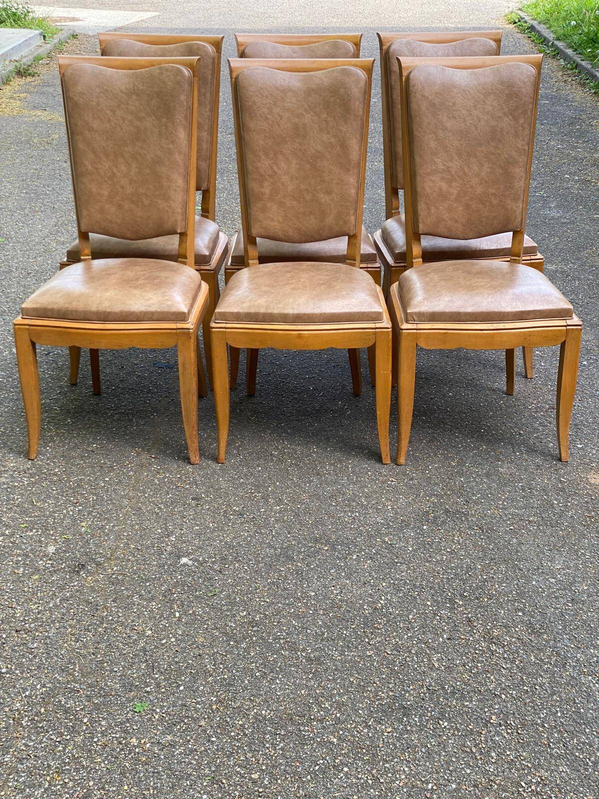 6 Scandinavian Art Deco dining chairs from the 1950s in leather.