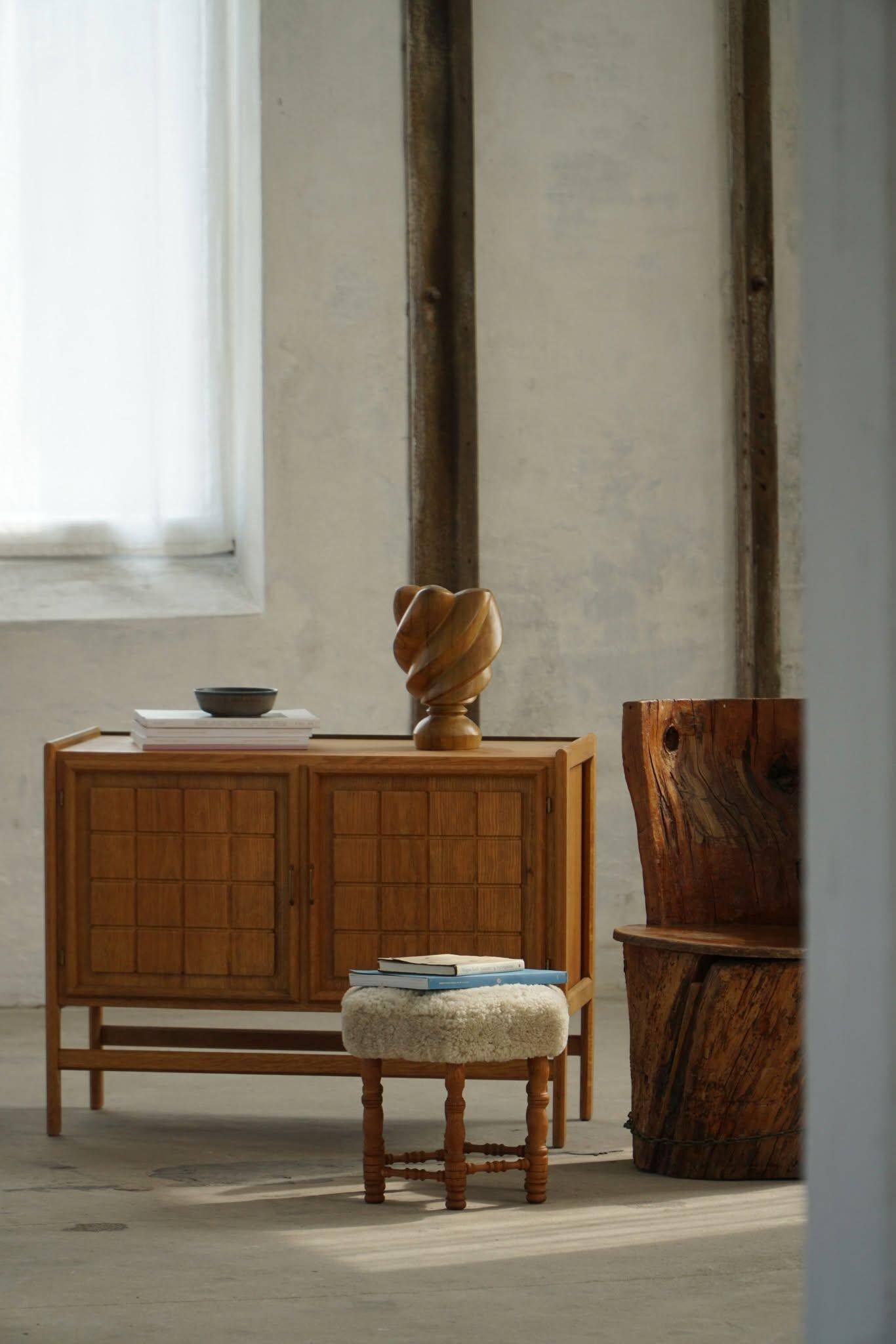 Chair made from hand-carved pine with storage, modern Swedish style, wabi-sabi, 1900s.