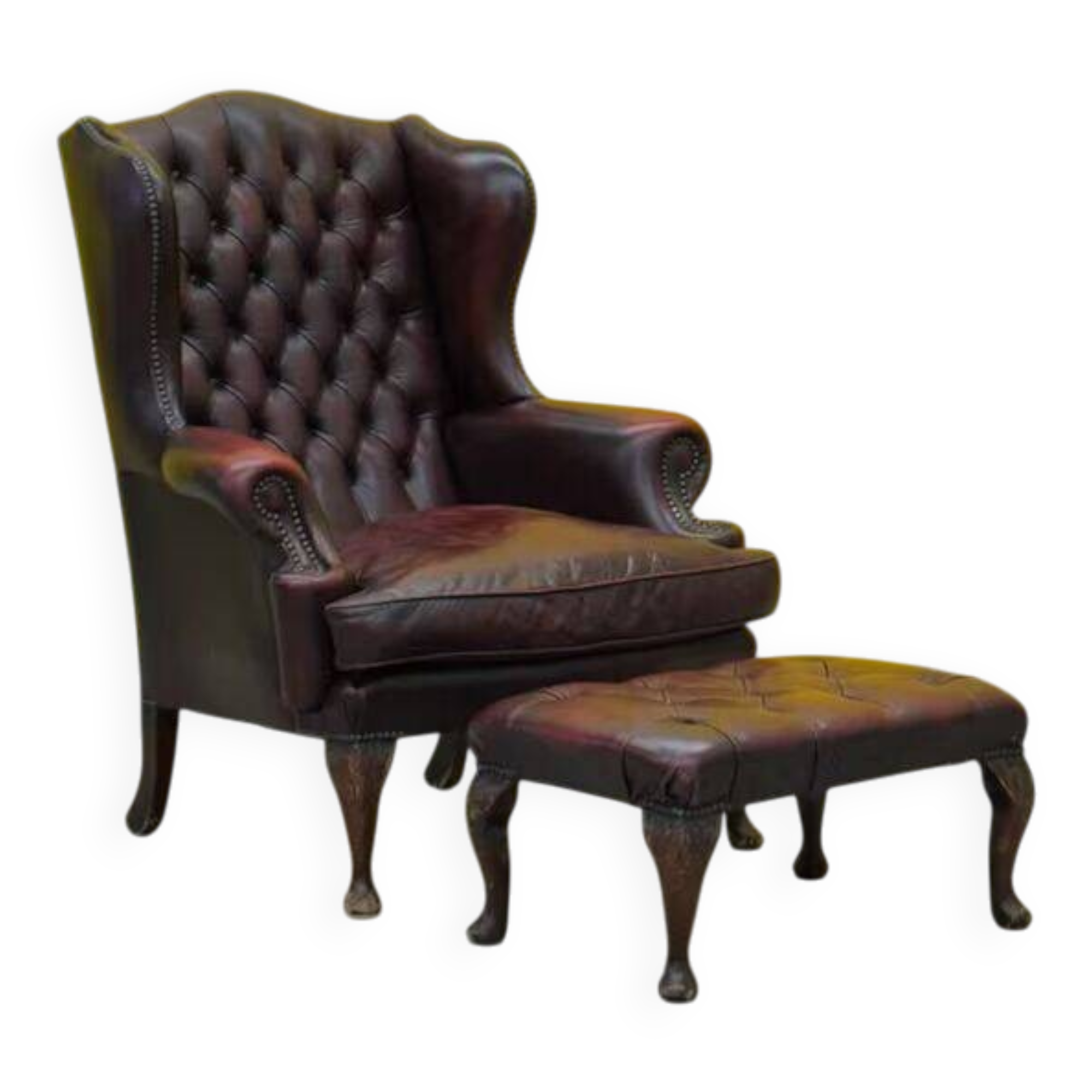 Burgundy leather chesterfield wing chair with Ottoman