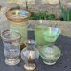 Set of 5 vases in green granite glass and vintage gold